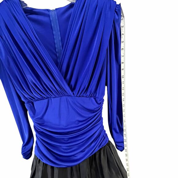 Vintage 80s Filigree Cocktail Dress Womens 10 Blue Black Ruched Drape Retro Glam - Picture 12 of 14